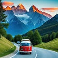 Auto und Alpen Berge StraÃÅ¸e blau Kunst Illustration